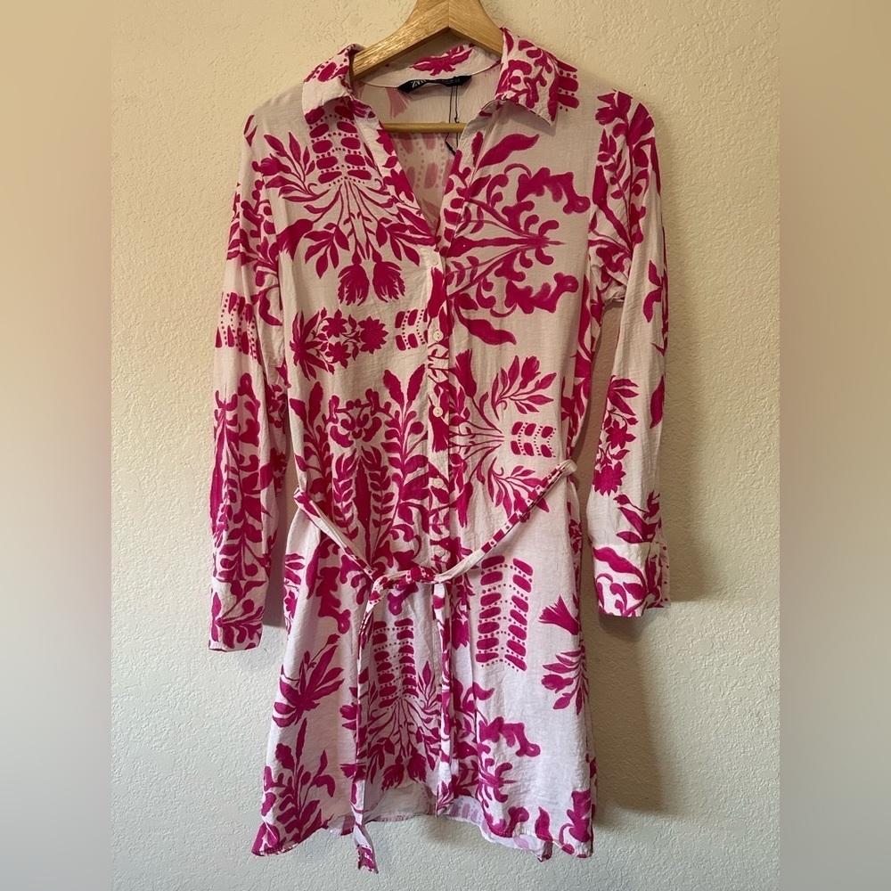 Zara Tie Waist Pink and White Floral Shirt Dress - XS